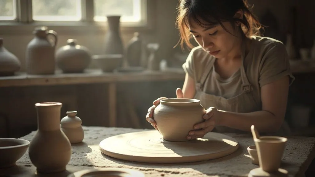 An artisan shaping clay on a pottery wheel