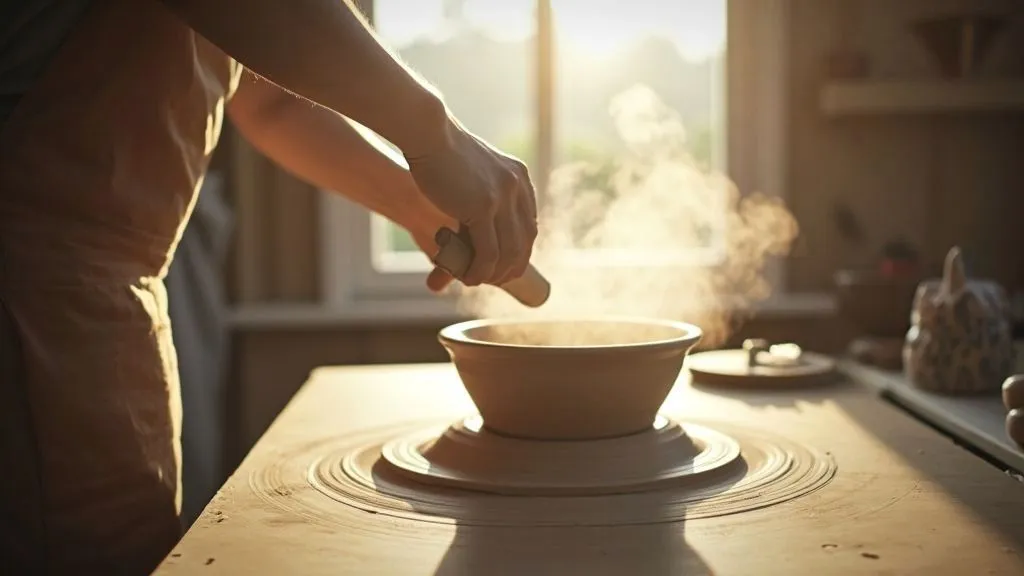 A potter skillfully shaping clay on a wheel